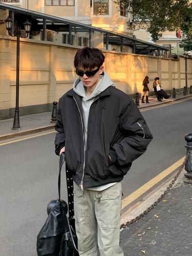 Men's American-style Bomber Flight Jacket Cotton Padded Coat for Spring & Autumn, High-Street Cleanfit Design, Trendy Brand, Collared Baseball Style Cozy Outerwear