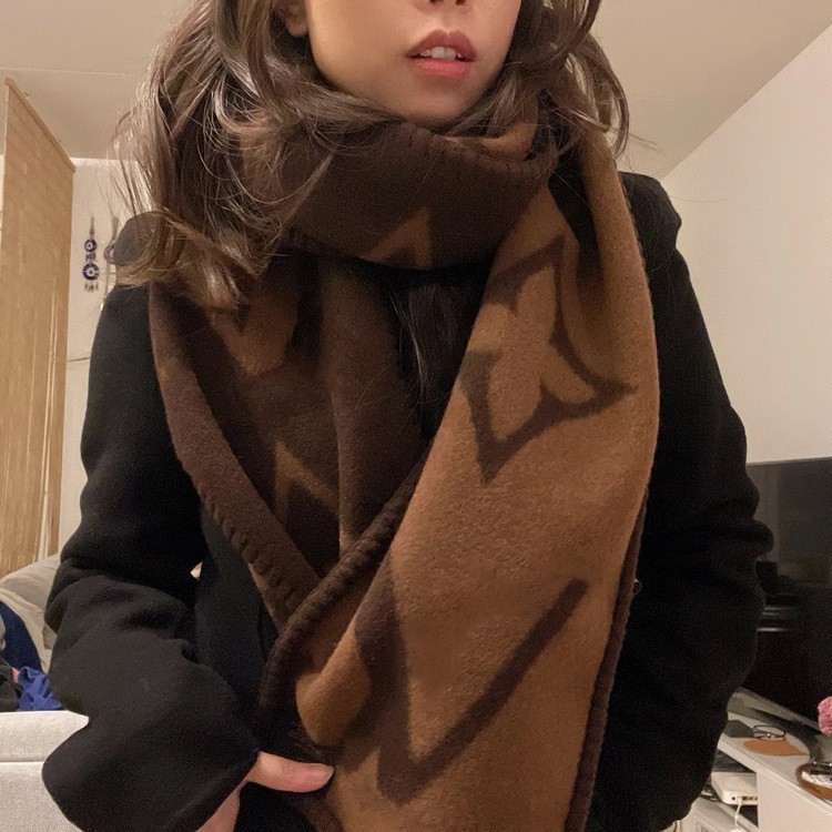 经典百搭渐变咖啡色羊毛围巾女秋冬季加厚双面长款羊绒披肩两用|undefined