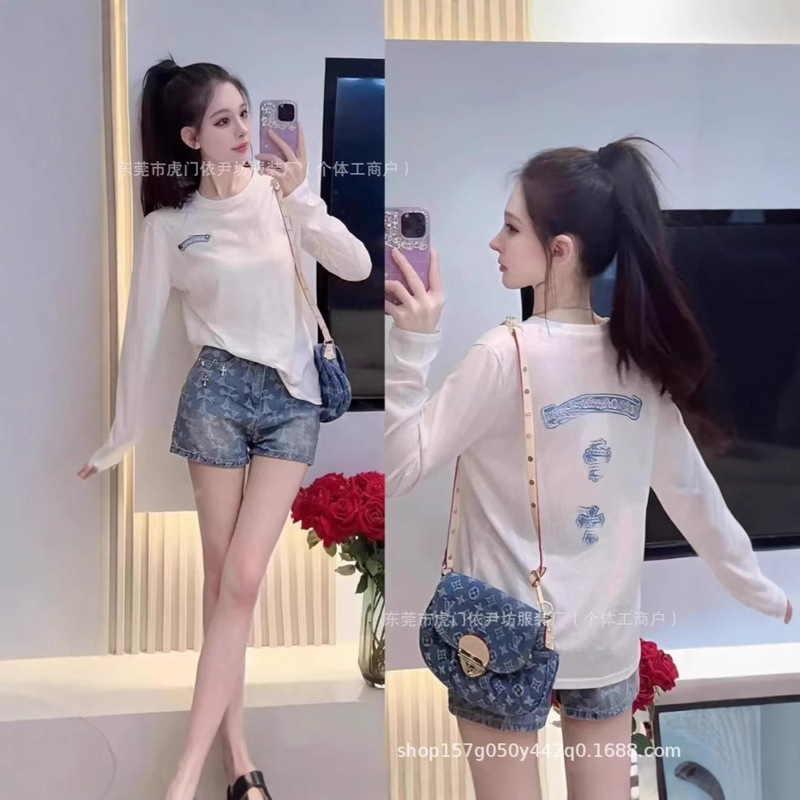 Ch New Denim Embroidered Letters Cross Trendy Personality Versatile Loose Snowflake Cotton Sun Protection Long-Sleeved Shirt for Women