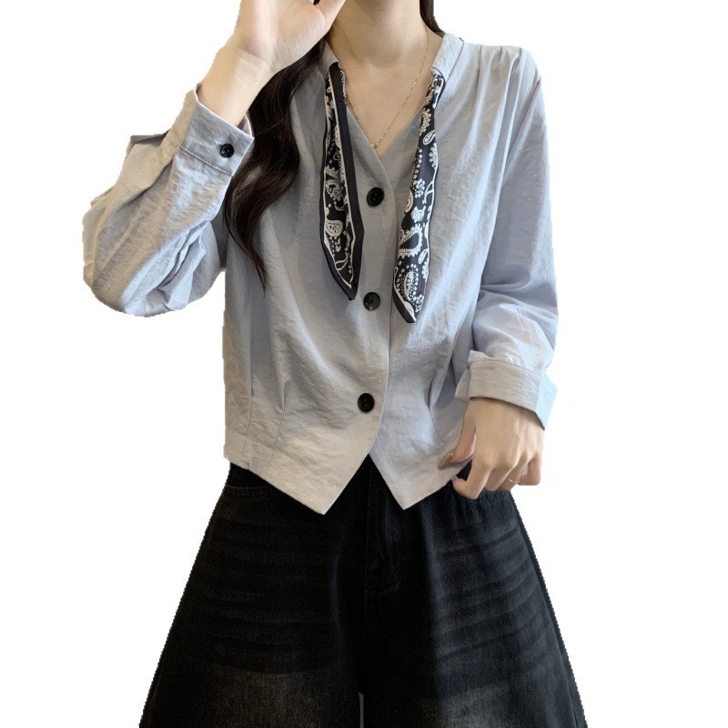 2025新款早秋女装丝巾绑带领结衬衫胖MM气质收腰外套女开衫A6651|undefined