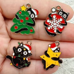 跨境圣诞节猫咪DIY饰品配件 合金滴油耳环项链钥匙扣吊坠挂件