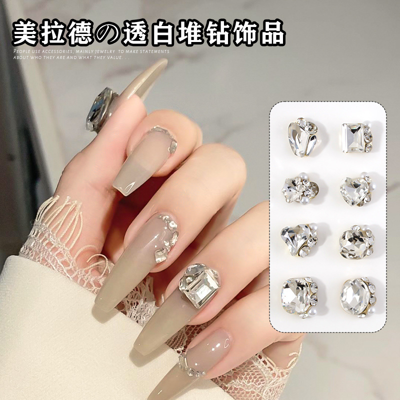 New style nail drill jewelry flash finished product crooked heart rectangular axe Crystal pile Diamond light luxury all-Match nail accessories
