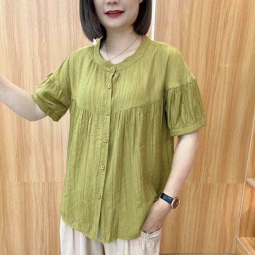 Pure Color Hong Kong Style Short Sleeve Shirt Summer New Cotton Linen Open Front Blouse Literary Retro Stylish Plus Size Women's Fashion