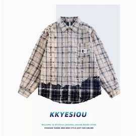 悟航懒风痞帅潮牌美式复古长袖衬衫男女款拼接磨破情侣外套CS84