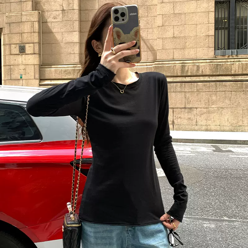 纸片人面膜T薄款修身显瘦春秋外穿时尚内搭简约圆领长袖女纯棉T恤