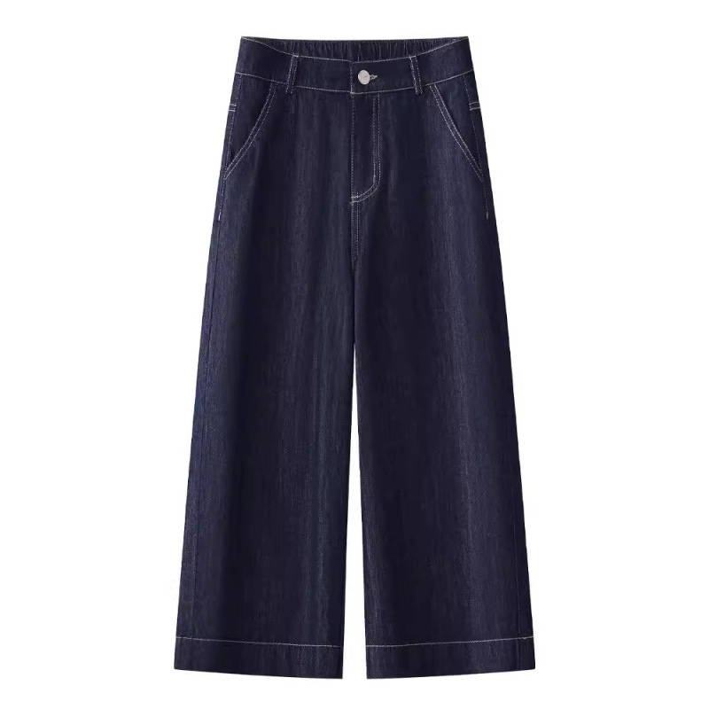 Dark Blue Tencel Jeans Women's 2025 Summer New Thin Wide-Leg Pants High-Waisted Loose Straight-Leg Three-Quarter Pants