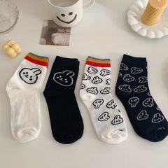 韓版ins簡約萌萌噠彩虹兔子襪網紅少女運動休閒中筒襪印花卡通襪