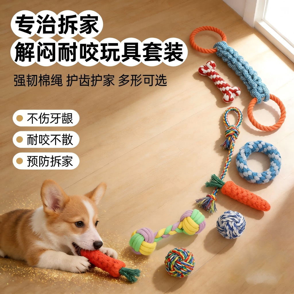 狗狗棉绳玩具耐咬磨牙洁齿绳结球小狗咬绳子金毛边牧幼犬互动拔河