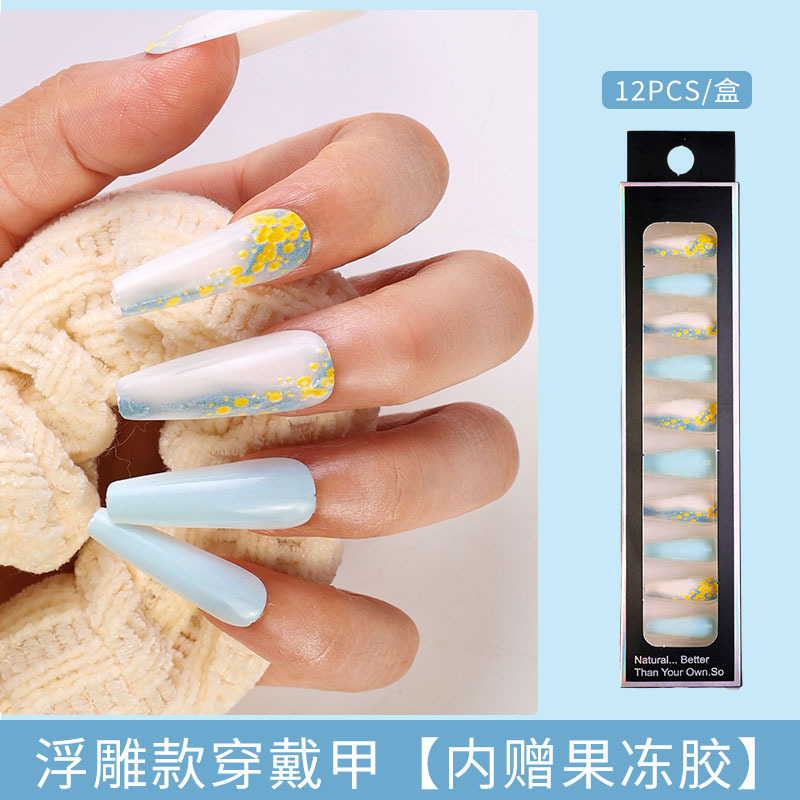 Uñas largas desmontables parches de uñas falsas comercio exterior productos terminados de manicure de novia en relieve parches de uñas