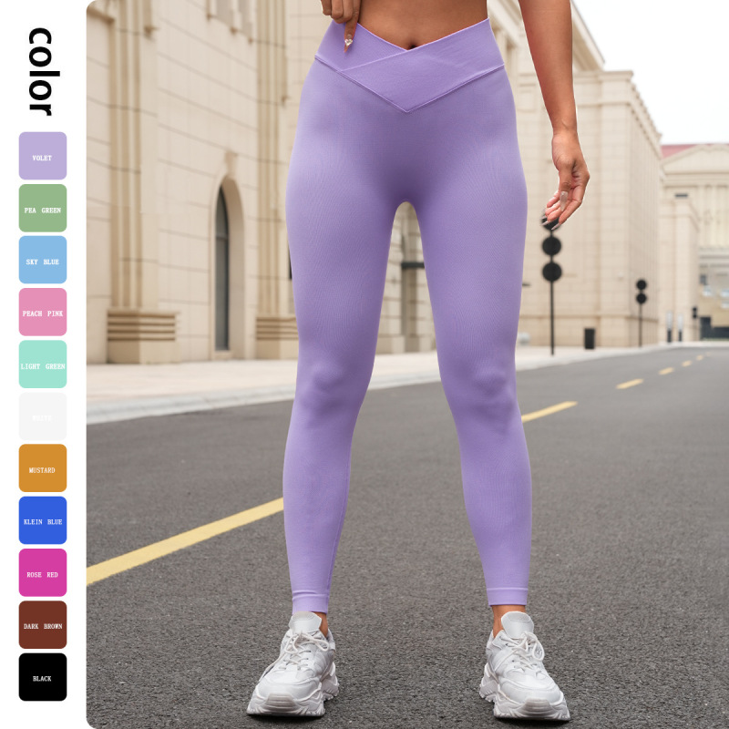 European and American Cross-border Seamless Knitted Solid Color Crossed High Waist Peach Hip Yoga Pants Fitness Breathable Yoga Cropped Pants