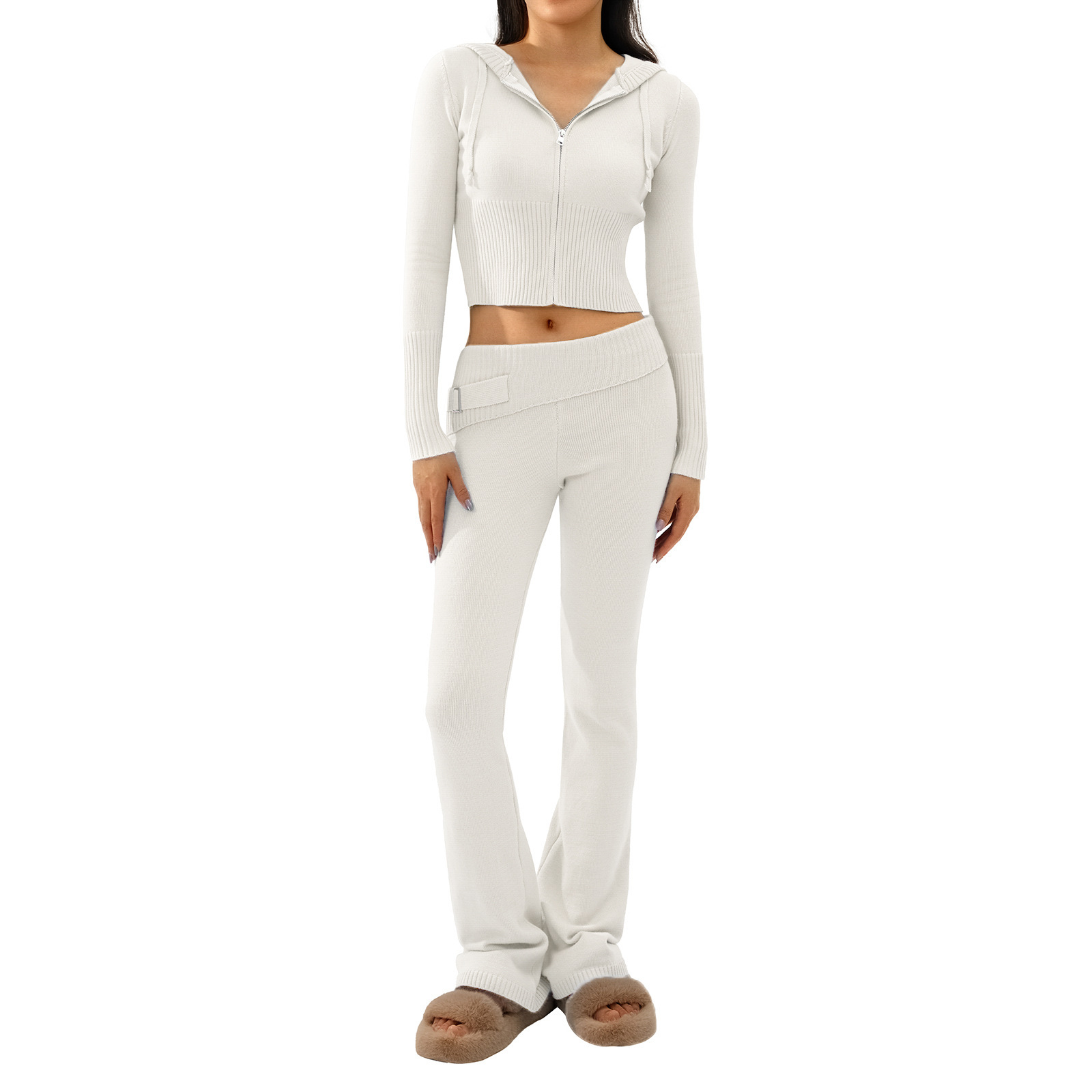 Ensemble deux pièces en tricot à capuche pour femme, pantalon sexy à manches longues et taille haute, à la mode_voghion.com