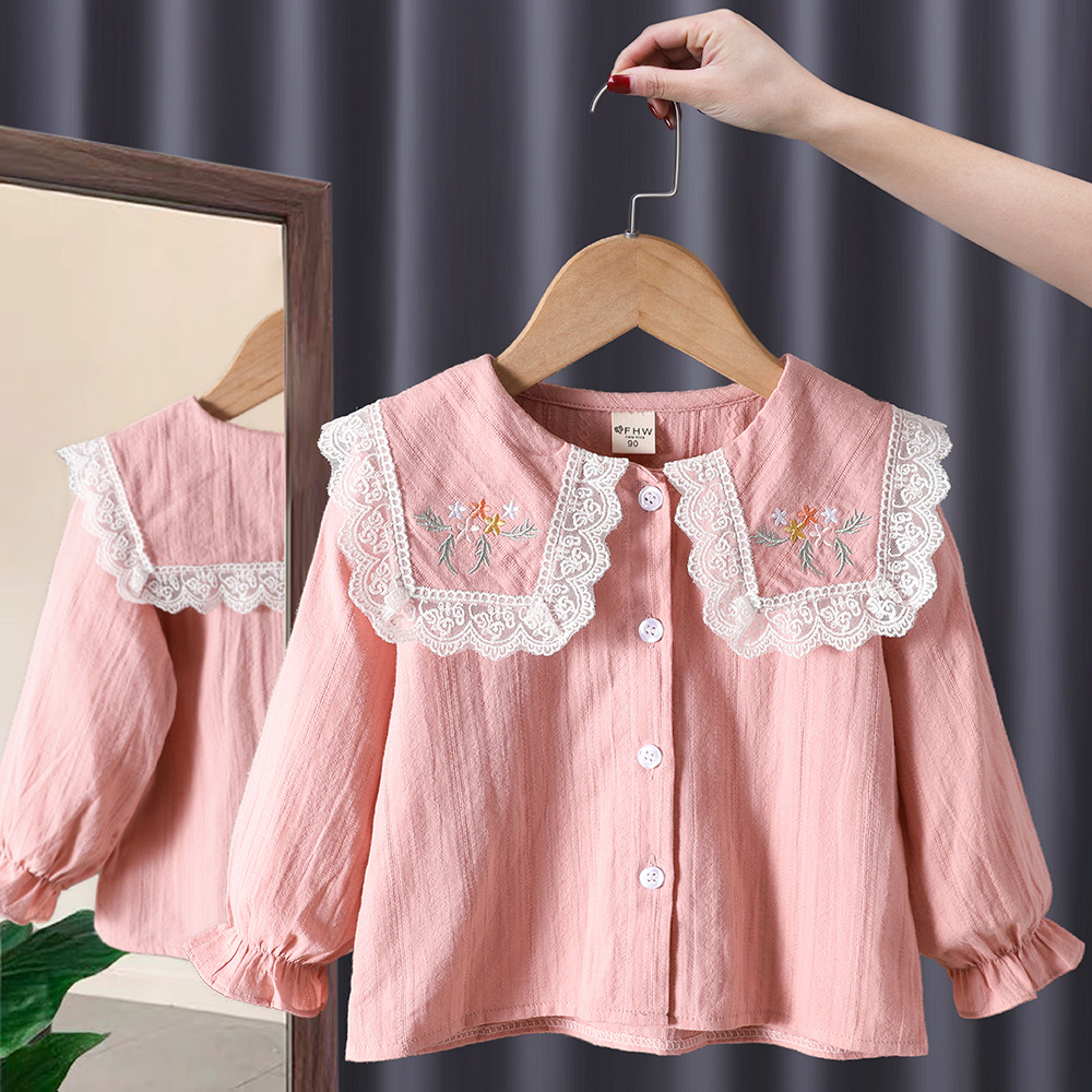 Camisa blanca de las niñas solapa de los niños 2024 nueva camisa bordada de otoño estilo coreano camisa de manga larga estilo occidental de las niñas