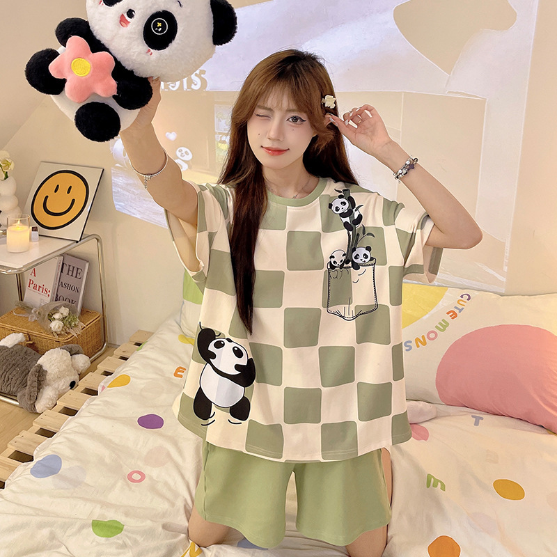 パジャマ女性の夏2025新型半袖かわいいアニメと太った大きいサイズのゆるい薄い家庭服の2セット|undefined