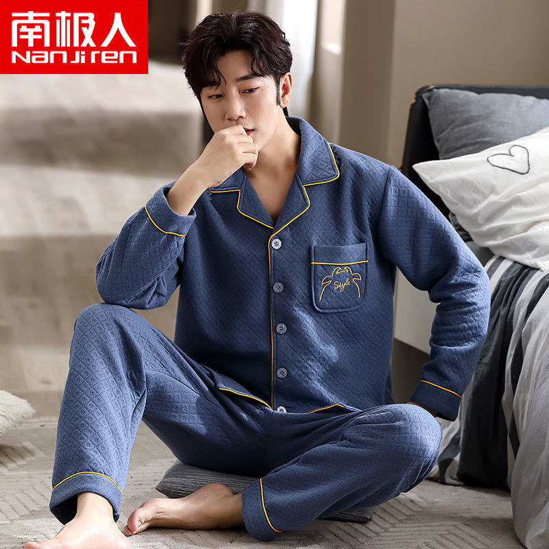 Pijamas hombres 100% algodón Otoño e Invierno Nuevo más tamaño joven y de mediana edad intercalar espesado cálido traje de primavera y otoño