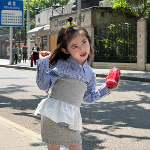 Girls Miu Plaid Shirt Kidsren's Label Long-Sleeved Lapel Shirt 2025 Spring & Fall New Layering