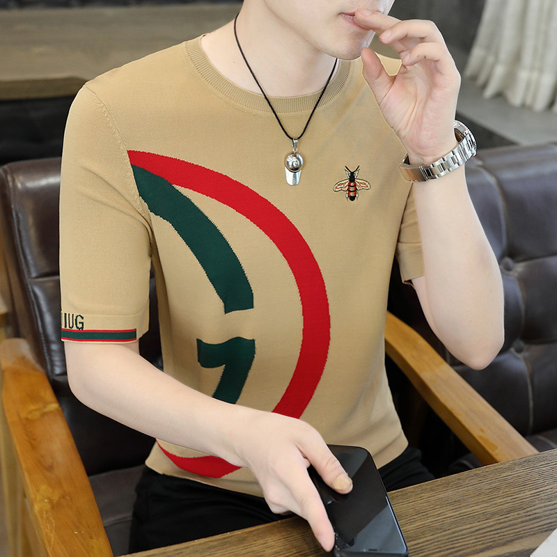 Ice Silk Round Neck Short-sleeved T-shirt Men's Thin Bee Embroidered Knitted Casual T-shirt Yilite Short-sleeved Top