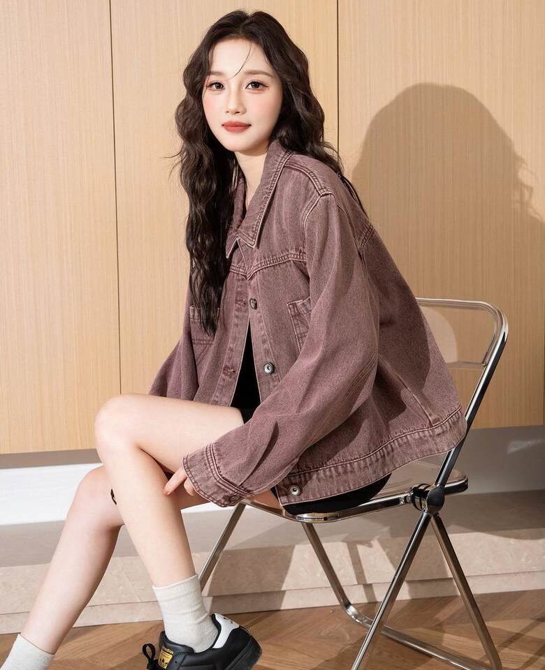 Áo khoác denim nữ cổ bẻ dáng rộng phong cách retro, giặt mài, dài tay, dáng ngắn — Màu tím chi tiết 1