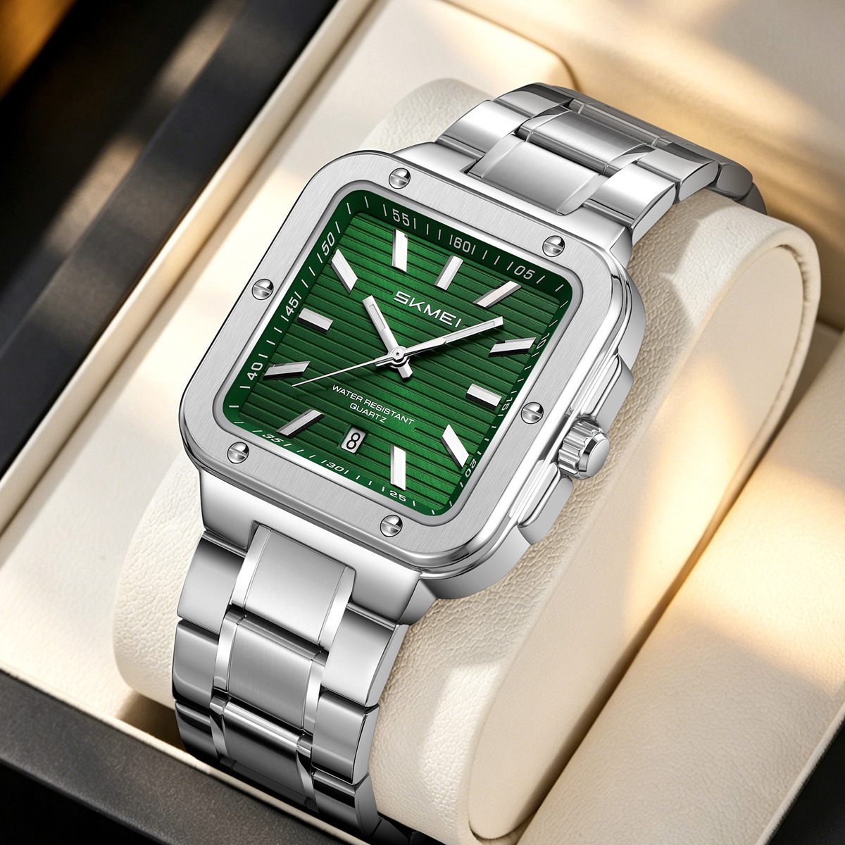 Momento de acero inoxidable cuadrado relojes de cuarzo calendario impermeable para hombres relojes de negocios comercio exterior personalizado spot transfronterizo