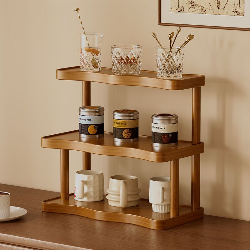 Bamboo Shelf No-Drill Storage Rack Layered Kitchen Bathroom Wall Storage Board Storage Rack Organizer