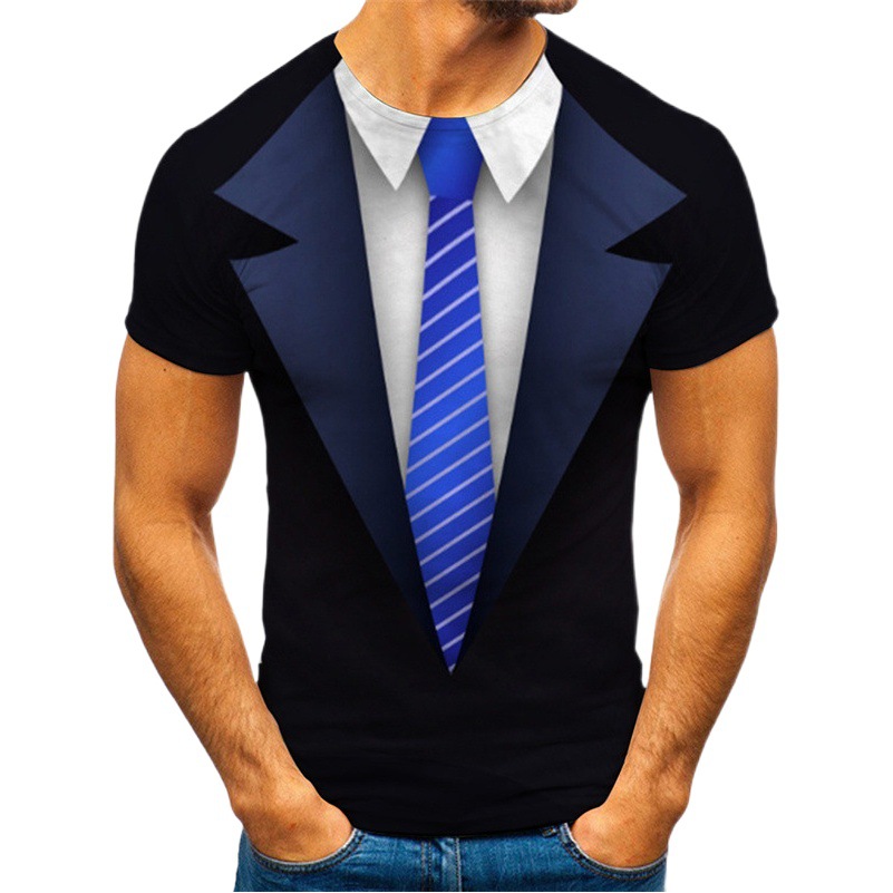 Camiseta de los hombres europeos y americanos traje de moda falso dos piezas 3D impresión de los hombres Slim Top Fuente de fábrica en stock al por mayor