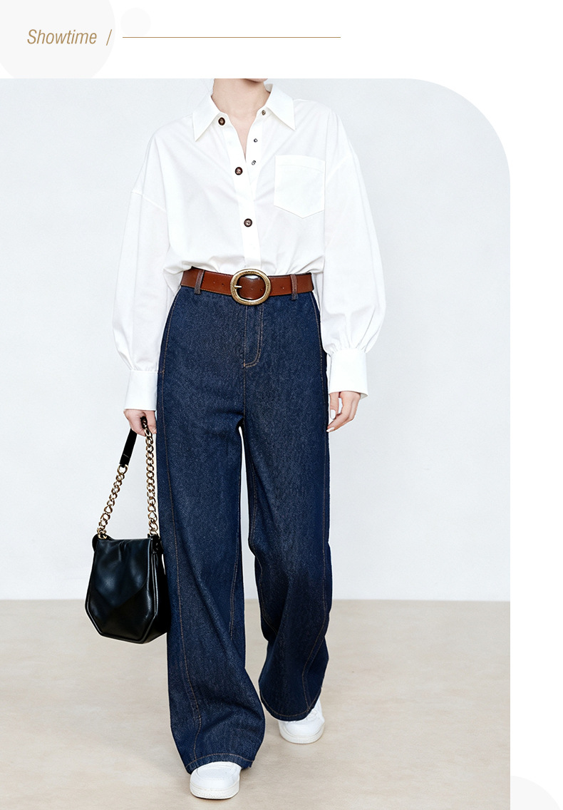Quần jean ống rộng Xinge denim xanh chống phai màu, lưng cao, dáng suông dài đến sàn — màu xanh denim chi tiết 3