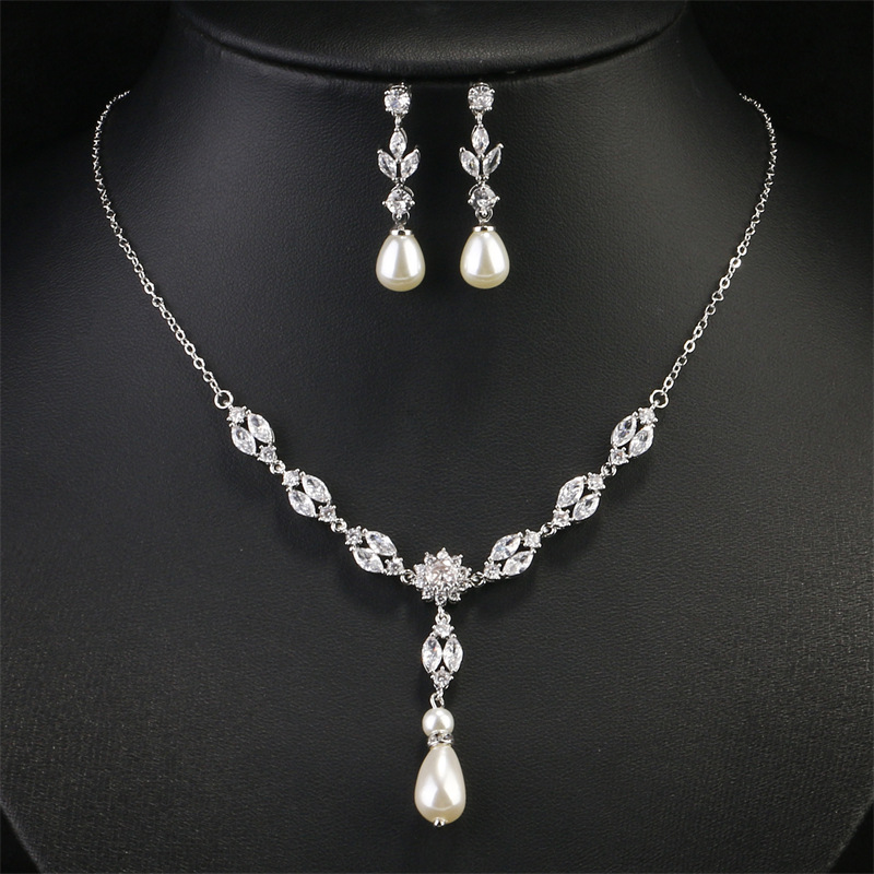 Collier et boucles d'oreilles en perles en forme de goutte d'eau, parure de bijoux deux pièces pour femme, accessoires de mariage haut de gamme._voghion.com