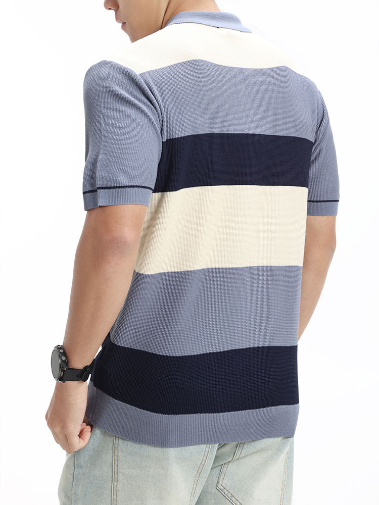 Polo de hielo de punto de hombre lujo ligero de alto nivel medio cremallera collar rayas Waffle Paul blusa