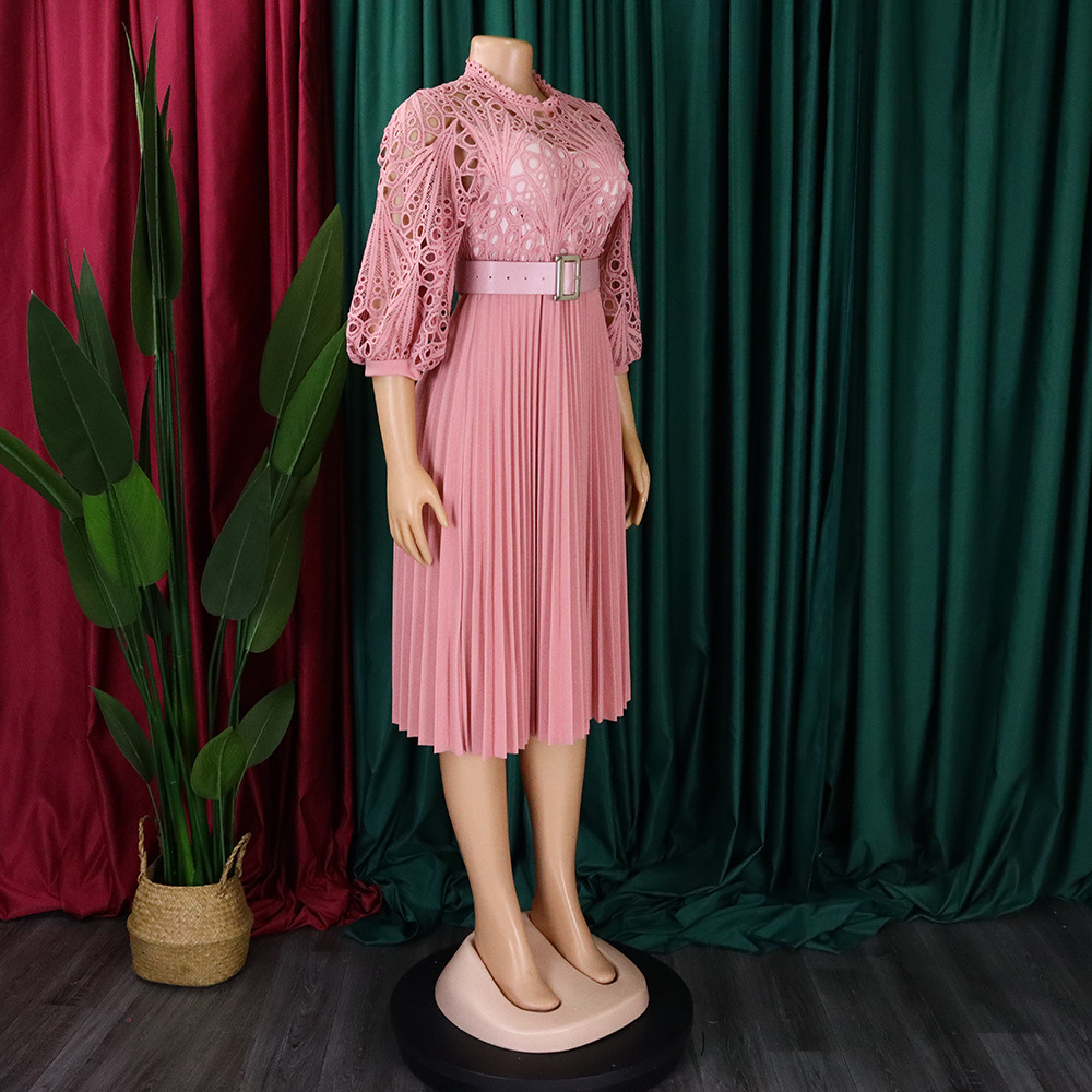 Women's Lace Hook Dress Hollow Pleated Stitching New Clothing_ecoleips.com