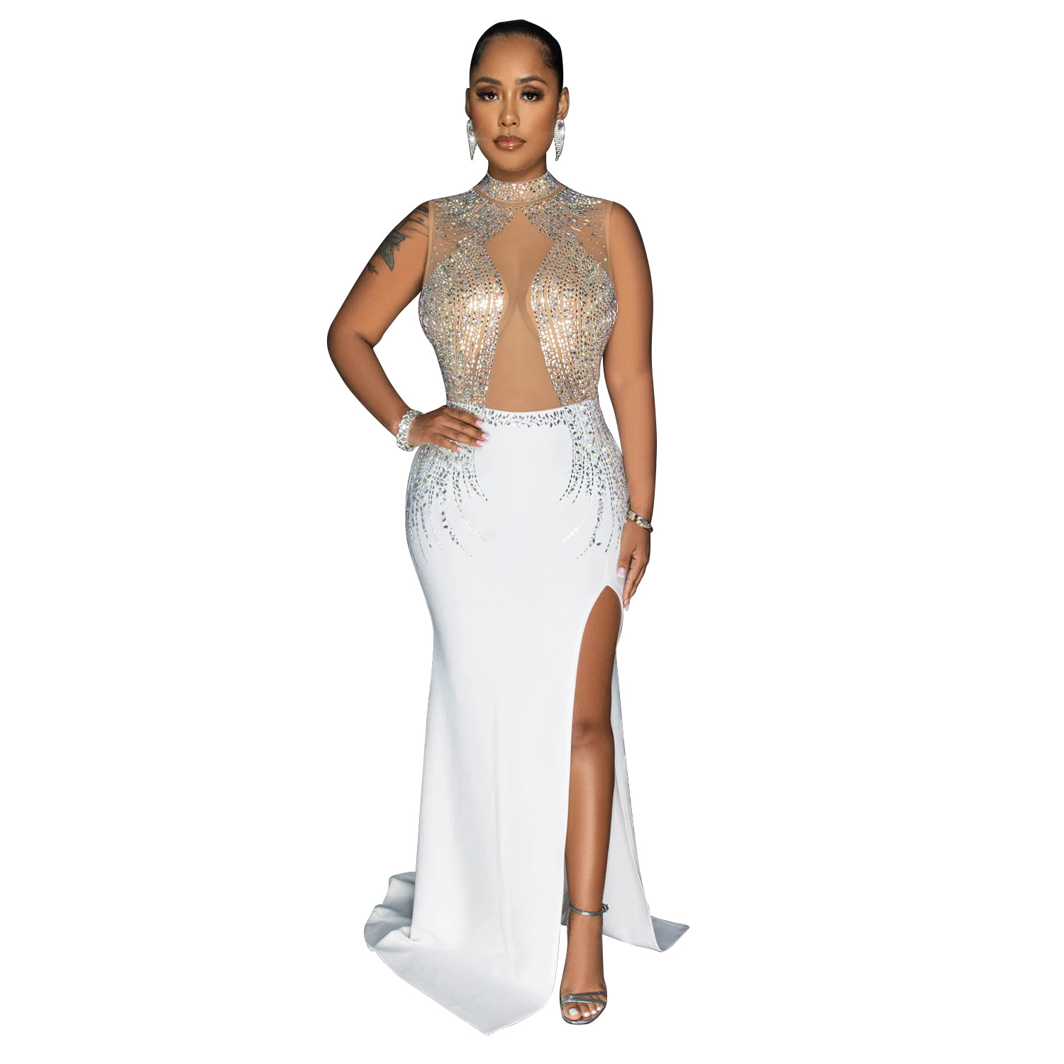 C6860 transfronterizo AliExpress Amazon de moda europea y americana de las mujeres de color sólido de malla de diamantes de imitación vestido partido vestido