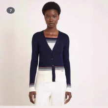 美式潮流女士直筒气质针织开衫V领钮扣前袋条纹刺绣针织衫