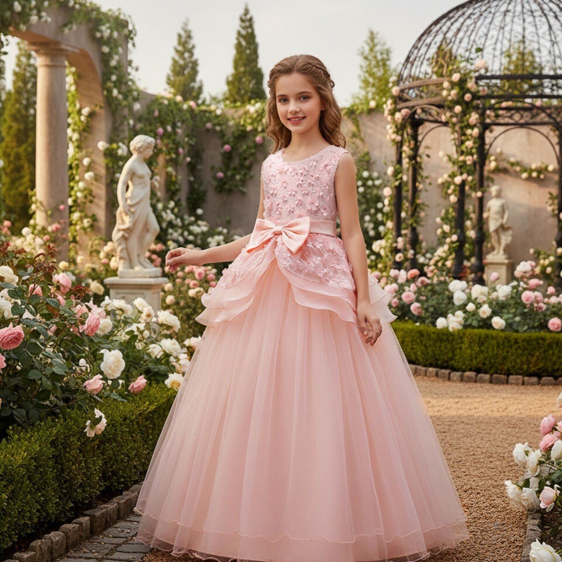 韩版外贸公主网纱蓬蓬裙花瓣长裙婚礼花童欧根纱连衣裙儿童礼服裙