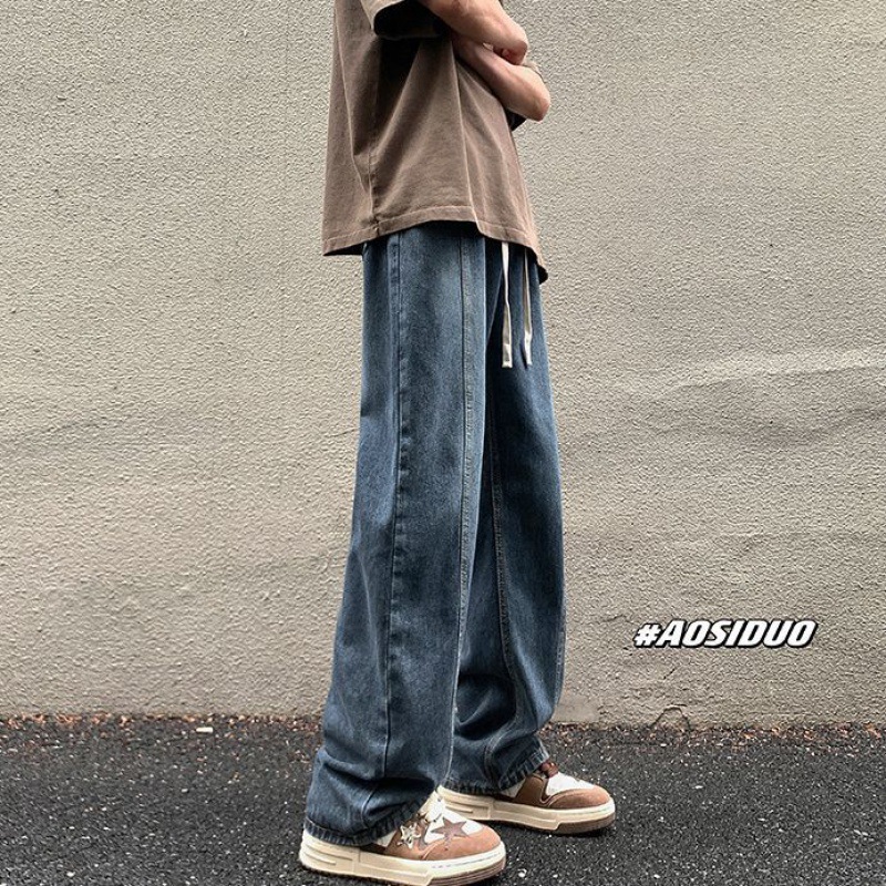 Vaqueros con cordón retro americano para hombres de primavera y otoño nuevo estilo holgado recto vibe marca de moda pantalones casuales de pierna ancha