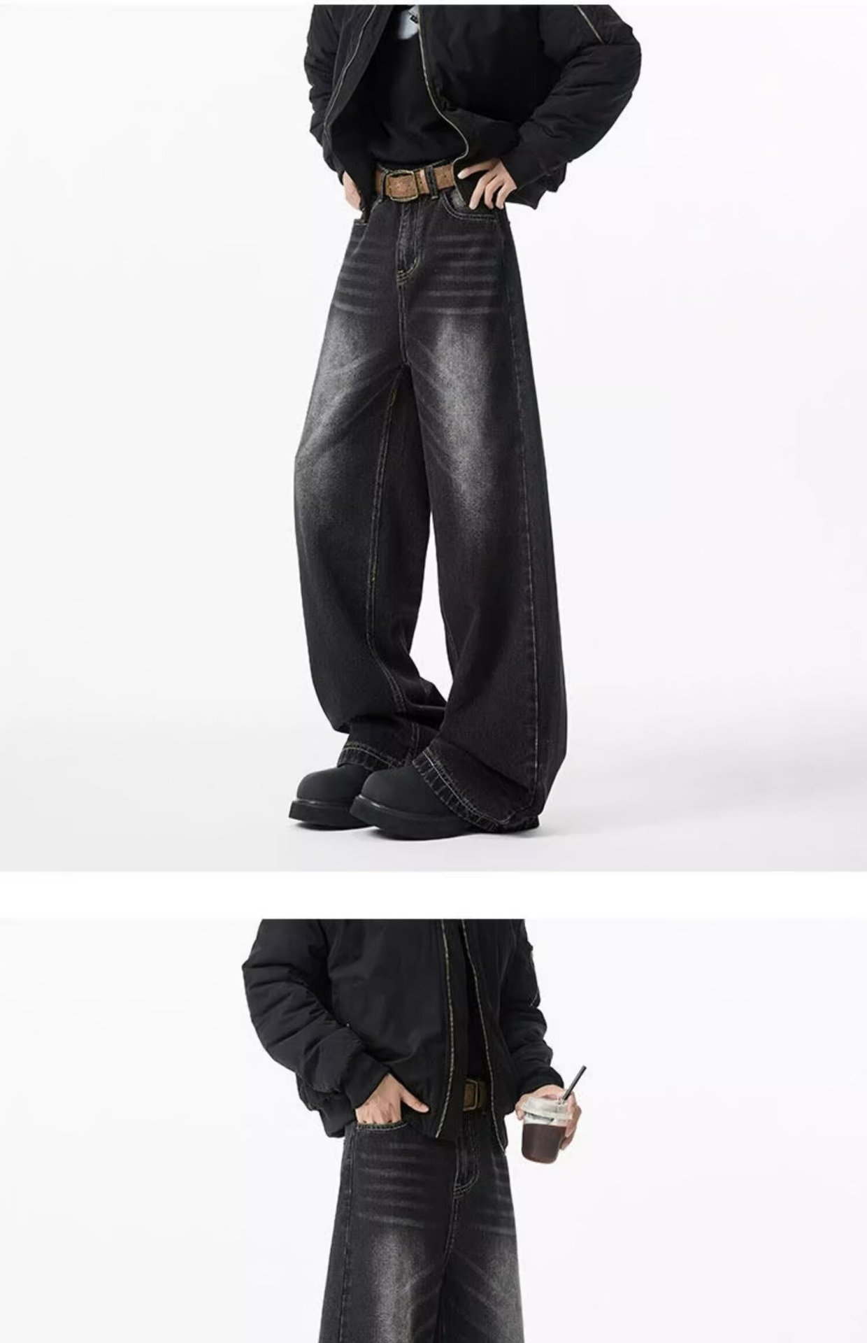 Men's Vintage Washed Denim Jeans Slightly Flared Wide-Leg Cat Whisker Detailing High-Street Style Cleanfit Black Blue (S-3XL)_mkmklike.com