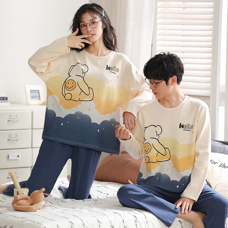 【100% 純綿】カップルパジャマ女性春と秋の綿100% 長袖セット男性ホームウェア可愛いアニメ