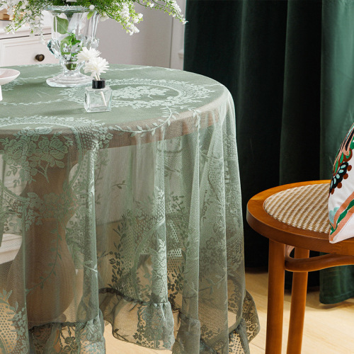 Elegant Green Hollowed-Out Lace Tablecloth with Ruffled Edges, Round Mirror Design, and Fresh, Delicate Lace Style