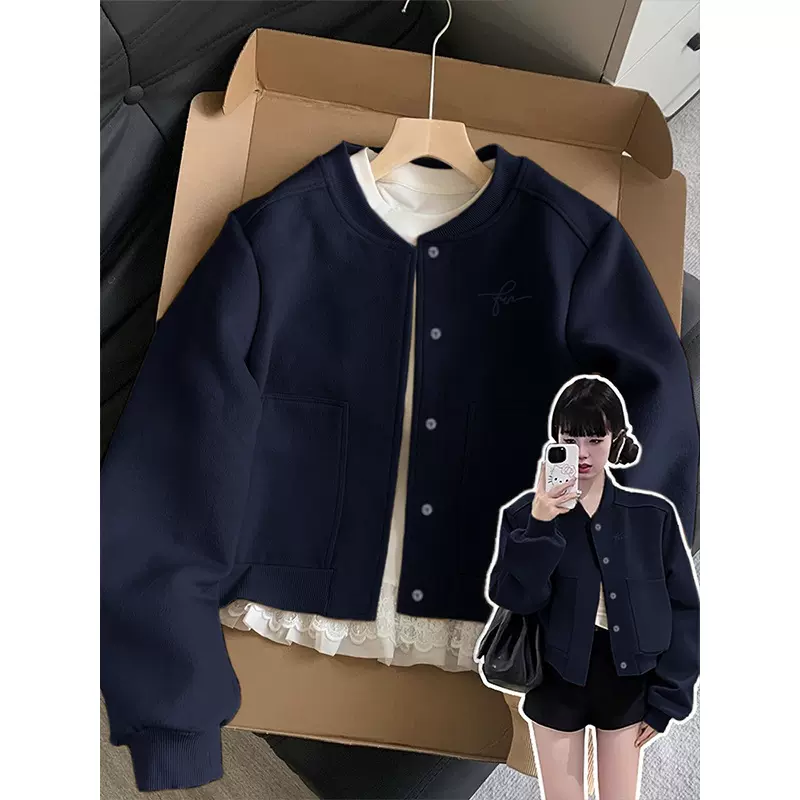 藏蓝色正肩夹克短外套女小香风棒球服2025新款早秋季流行韩系穿搭
