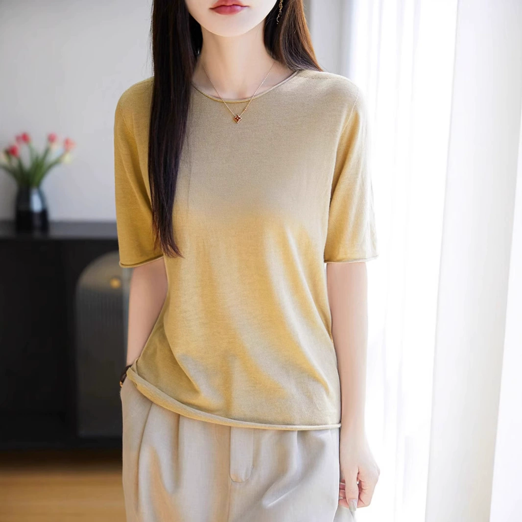 Лето можно носить трикотажную футболку с короткими рукавами для женщин 2025 новый весенний и летний камвольный шерстяной пол-рукав свободный пятиконечный рукав