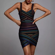 绷带裙厂家2023夏季新款时尚性感千鸟格深V吊带露背短裙聚会商演