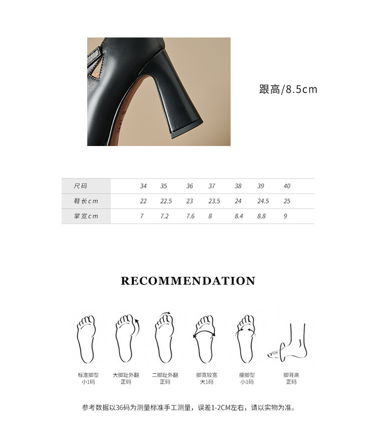 Giày cao gót Mary Jane da cừu quai chữ T gót thô miệng nông — Màu đen chi tiết 4