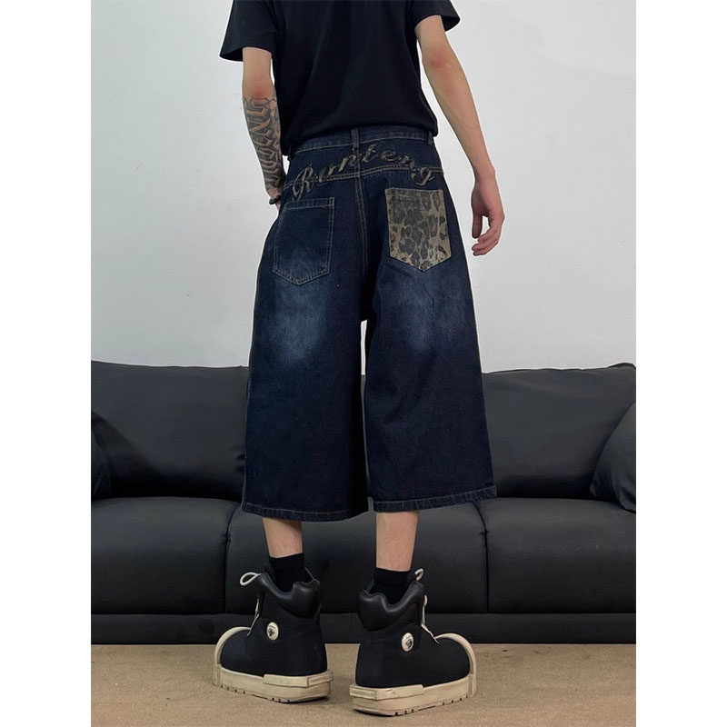 Plus-Size American Retro Leopard Print Letter Embroidery Patchwork Curved Hem Denim Capri Pants for Women, Wide-Leg Work Shorts