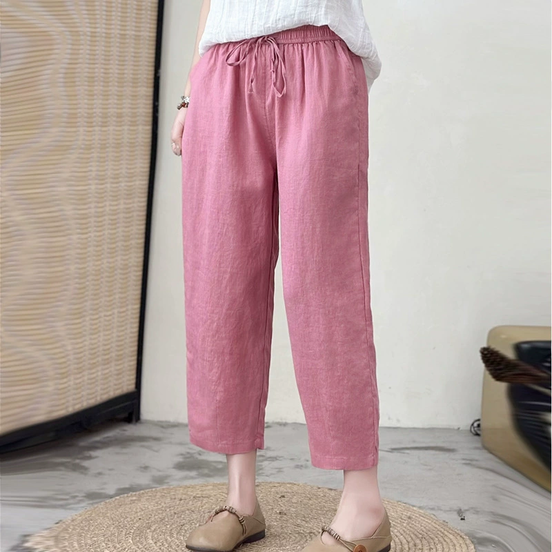 2025 весна ретро вымытые льняные брюки женские эластичный пояс на талии тонкие брюки