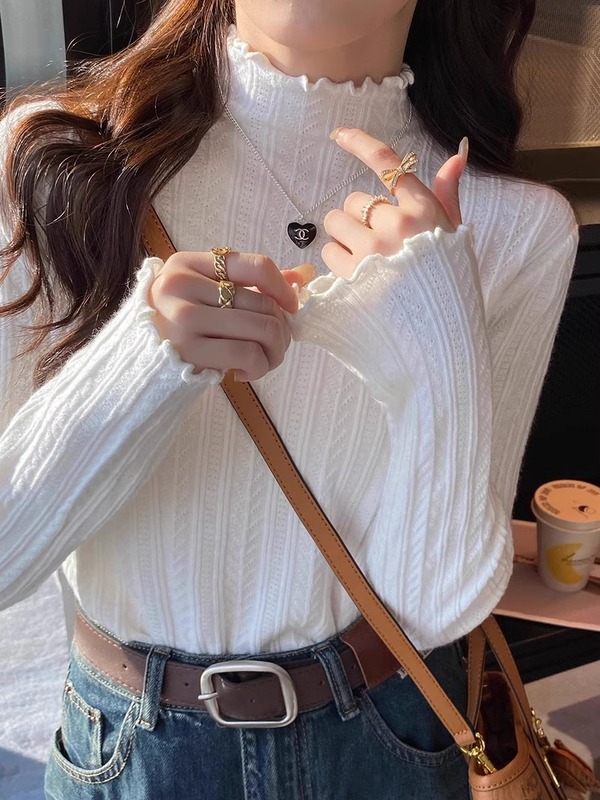 白色加绒打底衫女秋冬季内搭毛衣加厚保暖一体绒木耳边半高领上衣|undefined