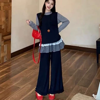 秋季大码女装法式蕾丝格子拼接长袖上衣马甲胖mm阔腿裤时尚三件套