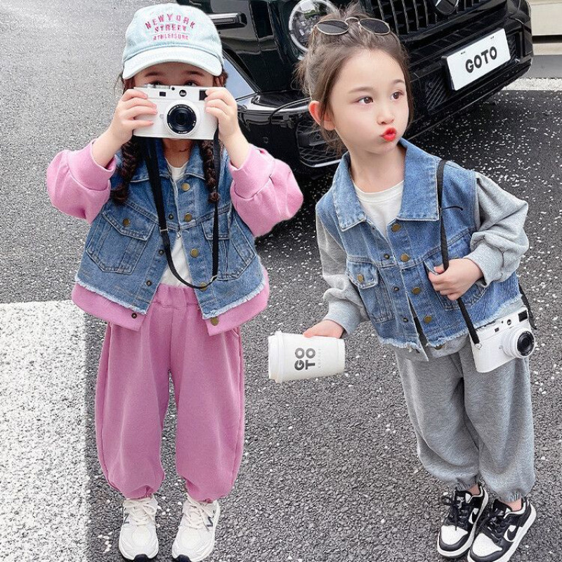 女童春秋套装2025新款网红洋气女宝宝牛仔外套时