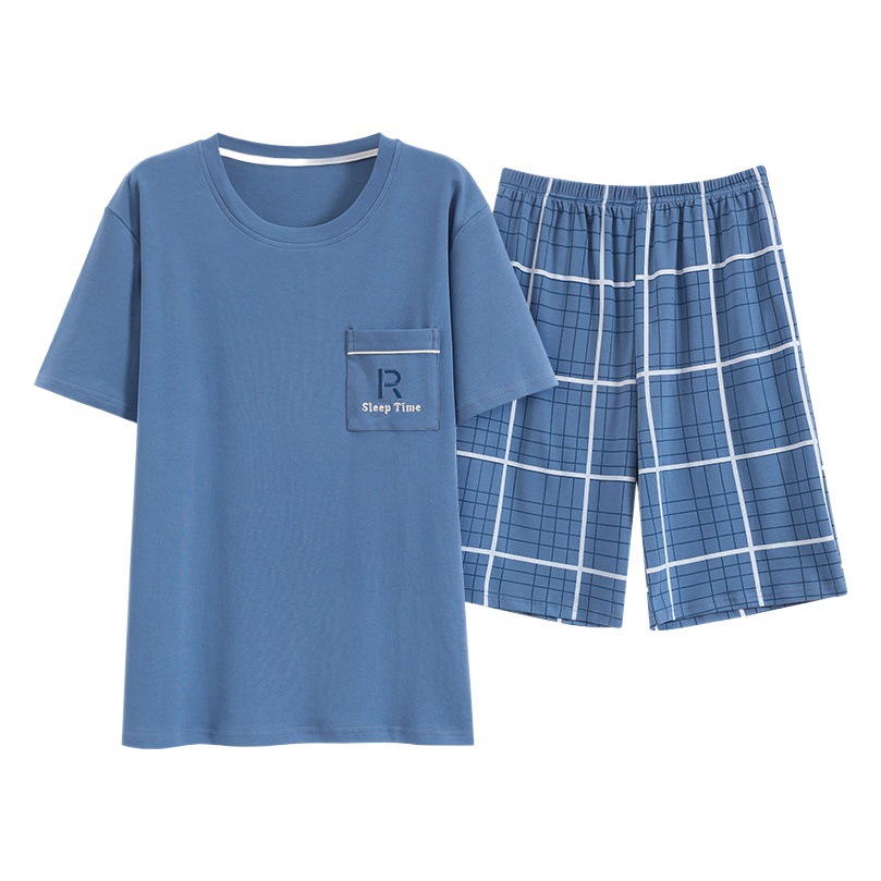Pijama de algodón de los hombres de verano cortos de manga corta de algodón de alta calidad Juventud más tamaño de verano Plaid