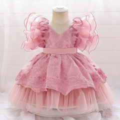 Princess Dress for Girls, Pink Baby Girls' Summer Birthday Party Dress, Cute Little Girls' Puff Sleeve Dress