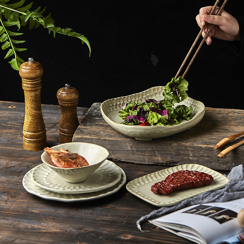 Japanese-style stoneware hand-kneaded dishes set household dishes and plates combination handmade design Jingdezhen ceramic tableware