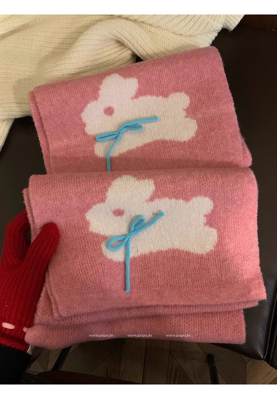 Winter 2024 New Warm Knitted Female Cute Rabbit Bow Leisure Outdoor Windproof and Cold resistant Scarf_voghion.com