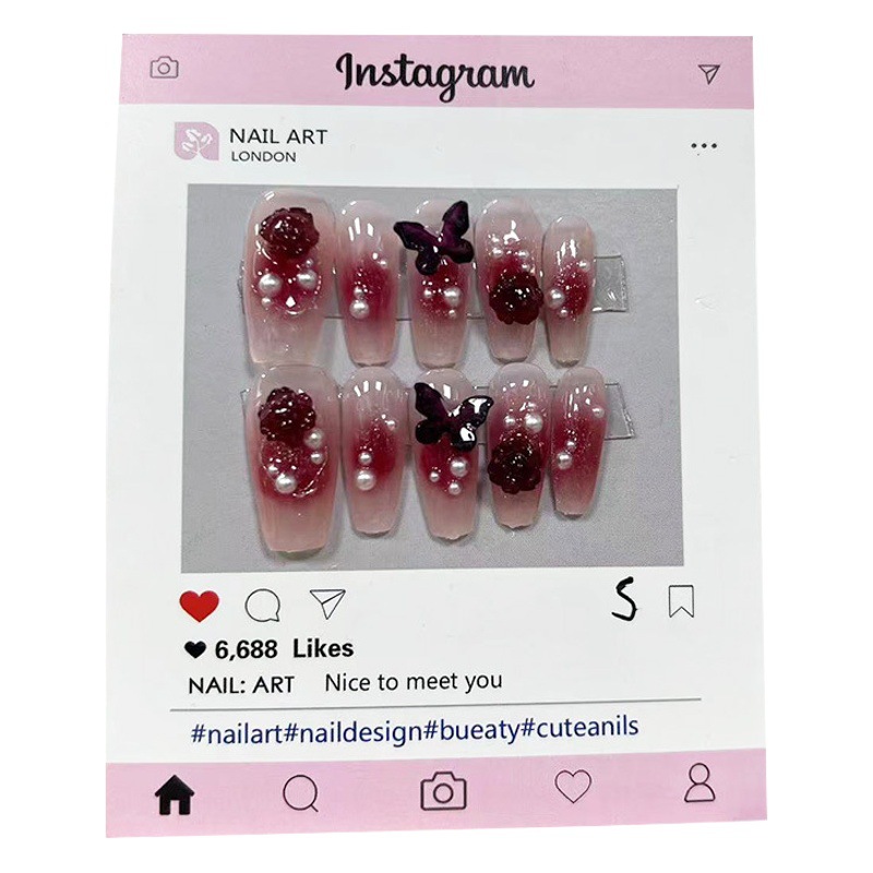 Kaiman nuevo hecho a mano de fototerapia desgaste de uñas chica caliente vino rojo Camelia mariposa desgaste uñas especial pieza de uñas al por mayor