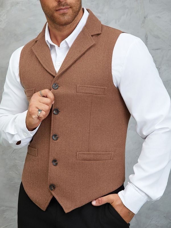 Men's Retro Vest Wool Tweed Casual British Style Business Suit Flat Lapel Khaki Warm Vest
